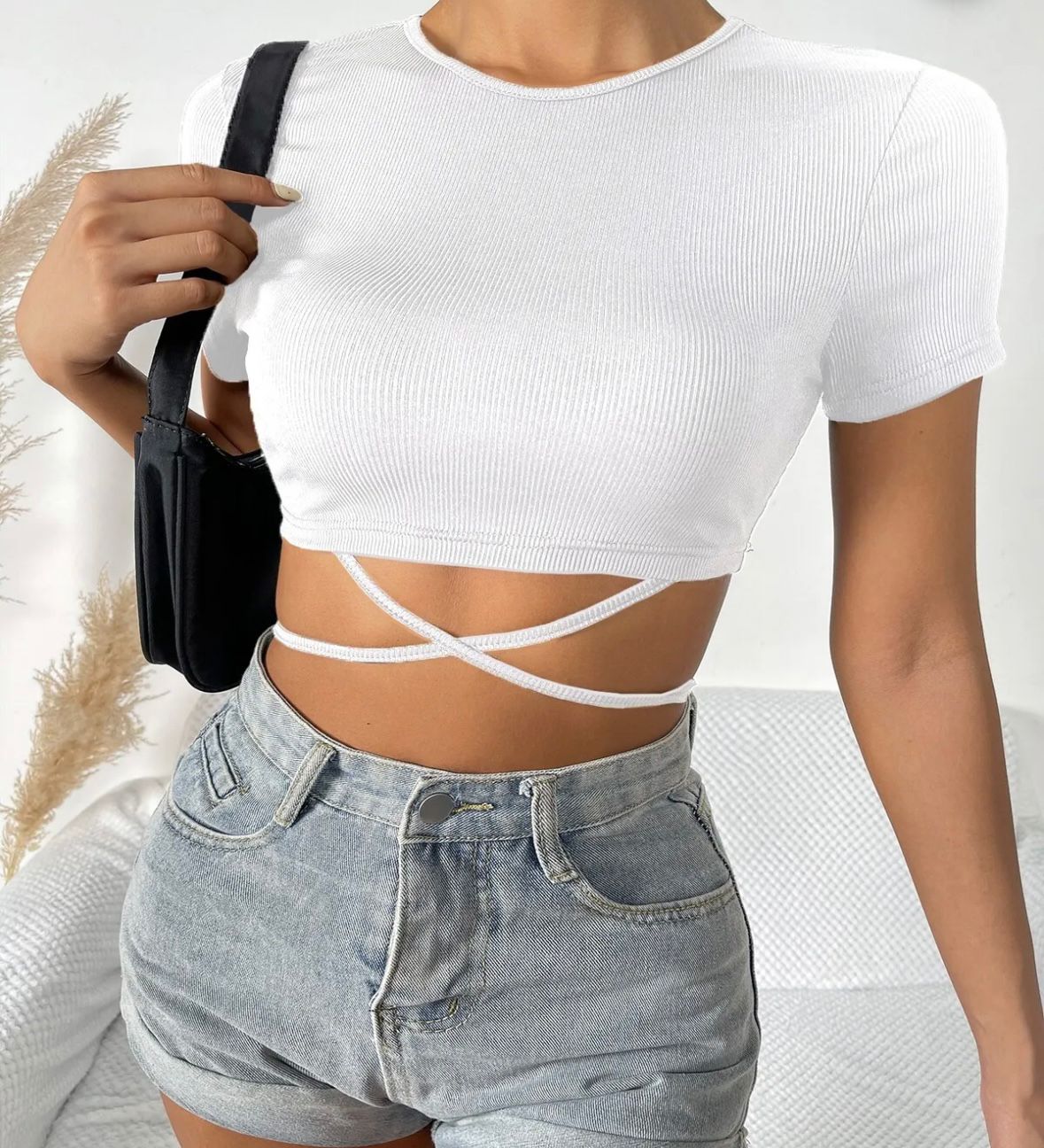 Çarpaz Bağlamalı Crop Esnek Kumaş Fitilli