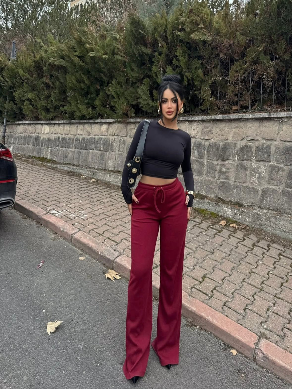 Bağıcıklı Kaşkorse Kumaş Geniş Paça Palazzo Pantolon