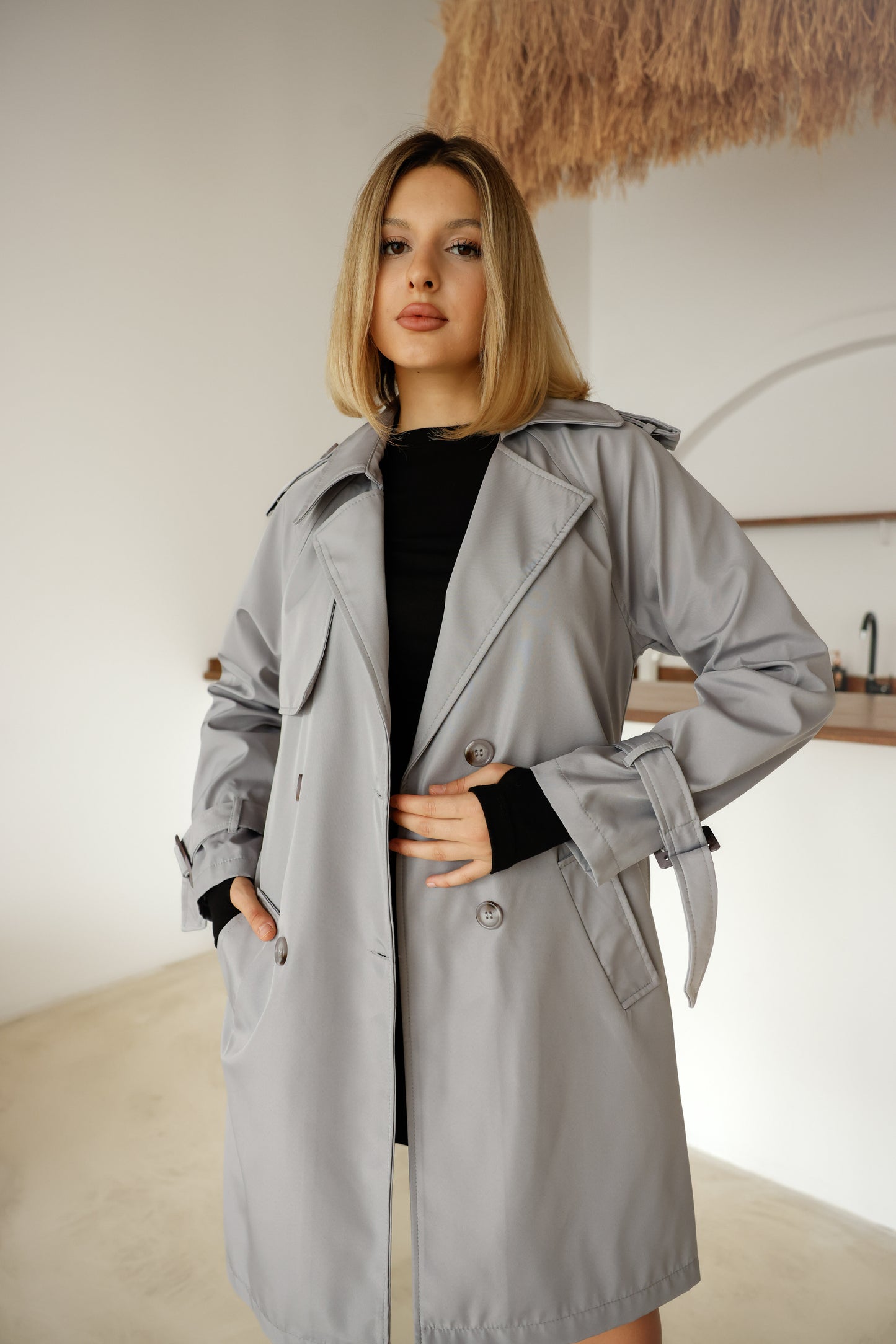 Çift Düğmeli Orta Boy Şık Trençkot İçi Astarlı Yüksek Kalite