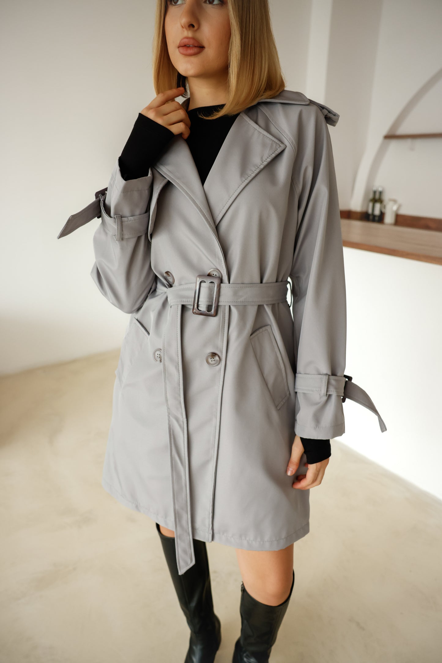 Çift Düğmeli Orta Boy Şık Trençkot İçi Astarlı Yüksek Kalite