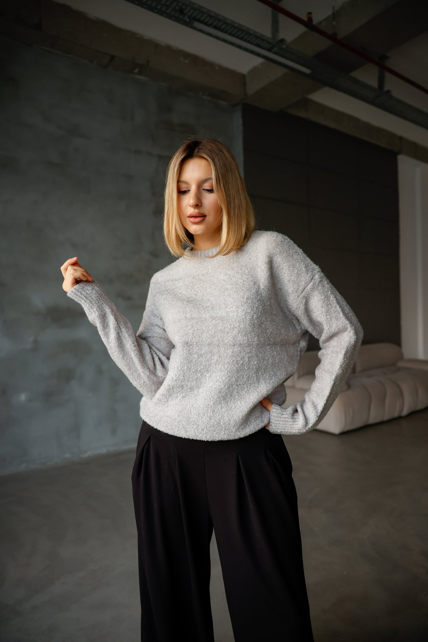 Bisiklet Yaka Oversize Örgü Detaylı Triko Kazak