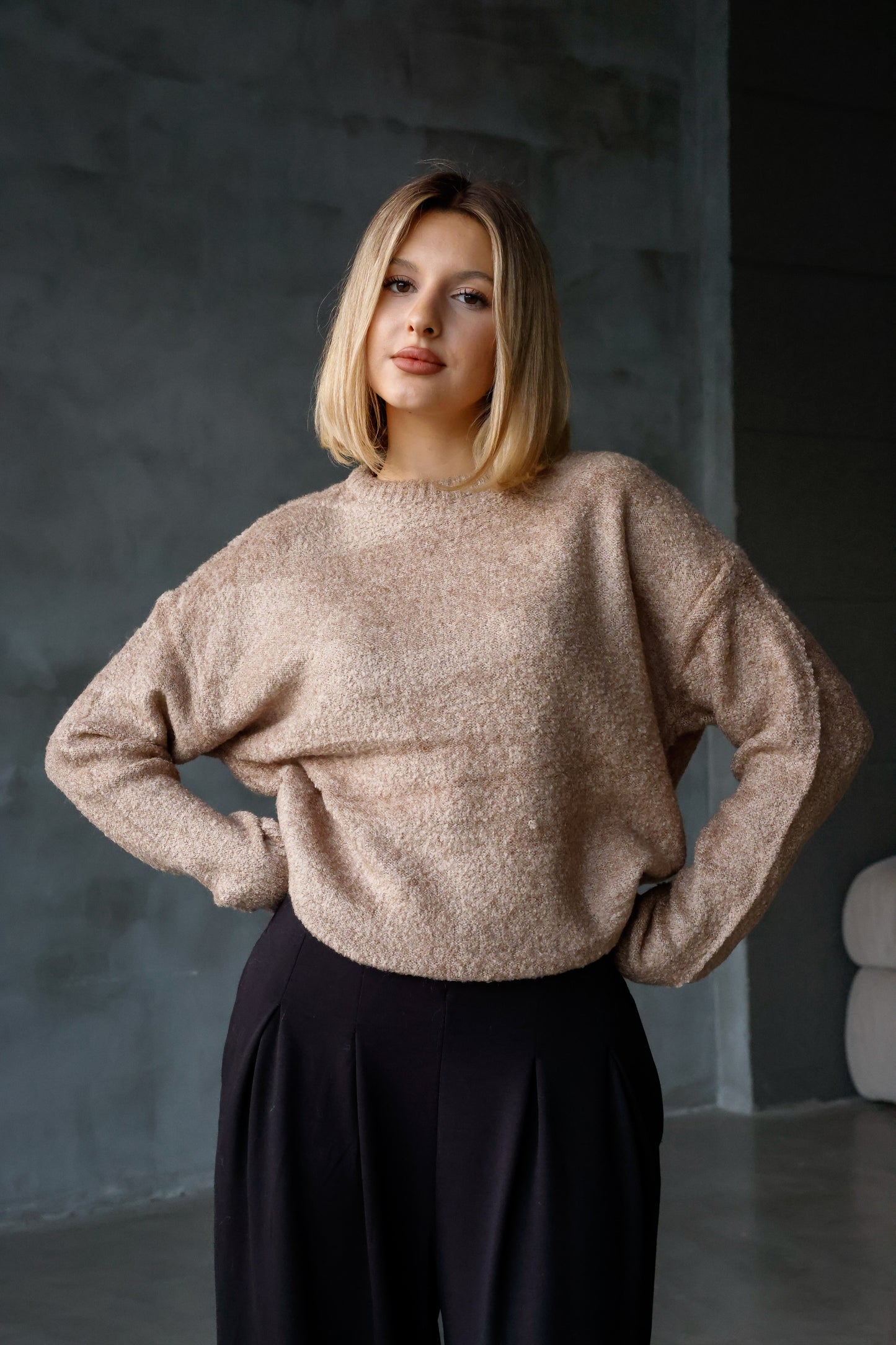 Bisiklet Yaka Oversize Örgü Detaylı Triko Kazak