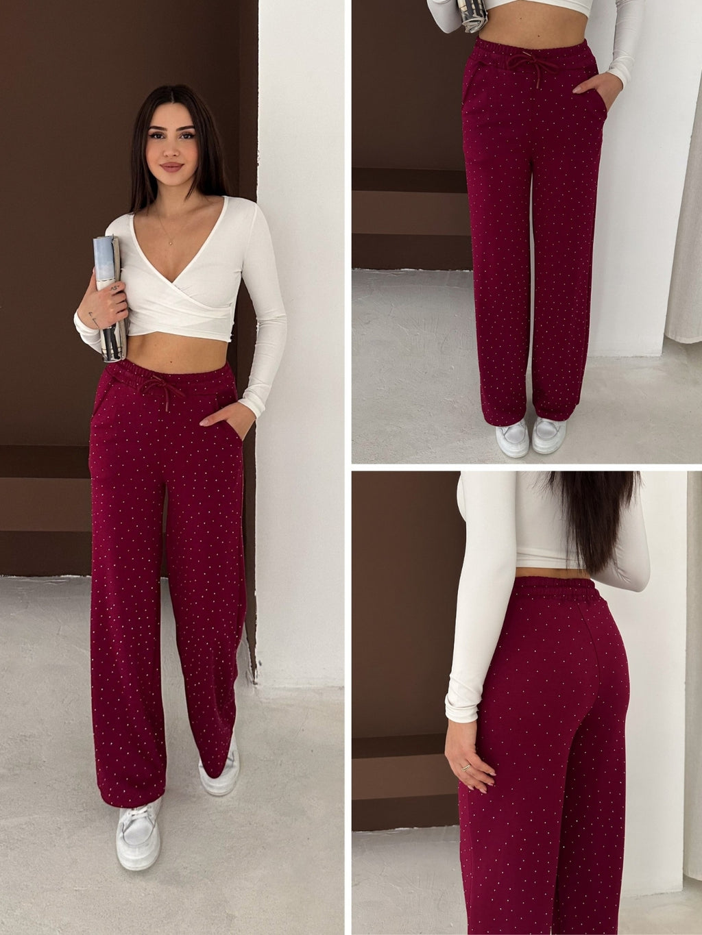 Taşlı Beli Lastikli Palazzo Pantolon Modal Premium Kumaş