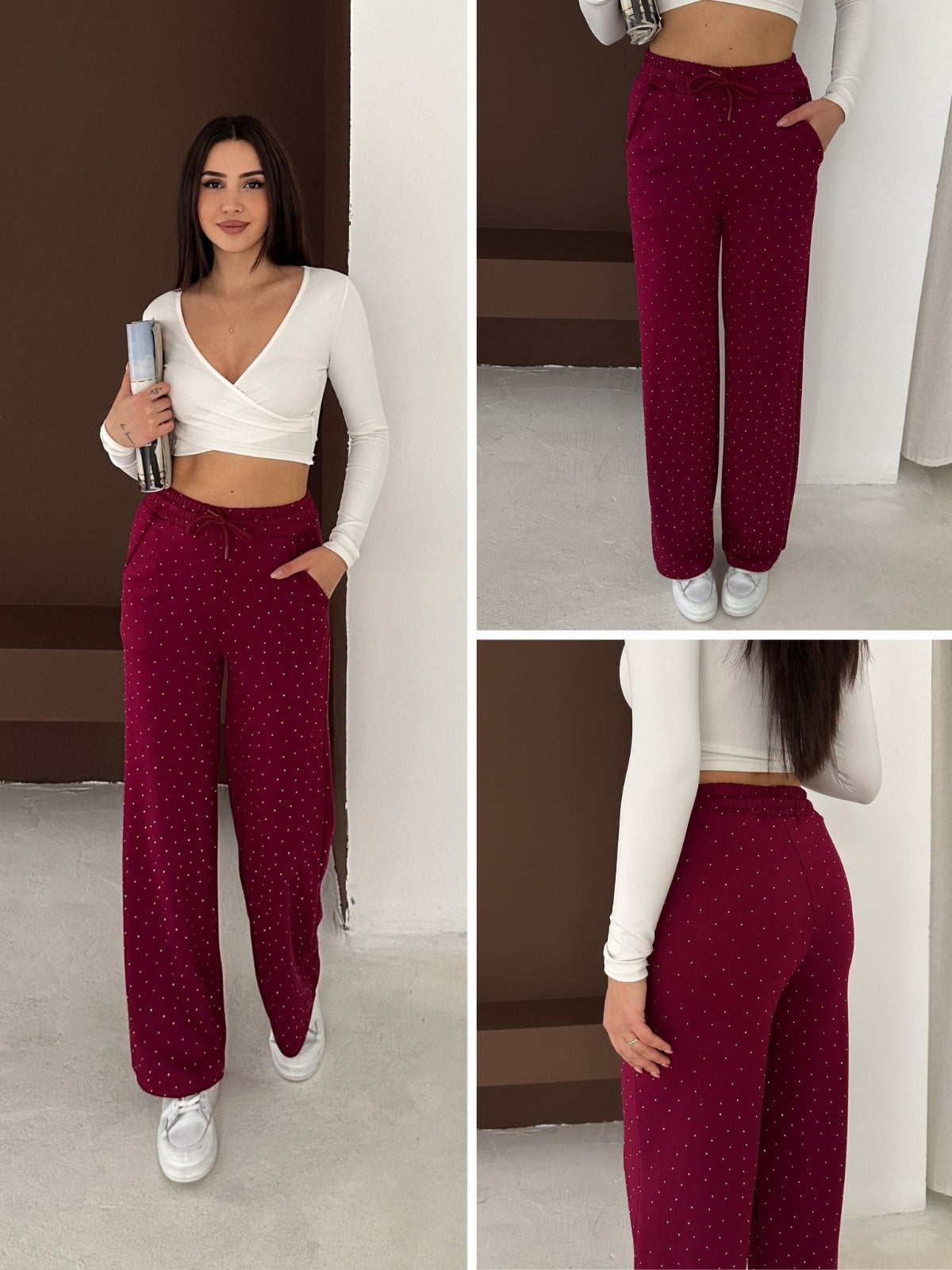 Taşlı Beli Lastikli Palazzo Pantolon Modal Premium Kumaş