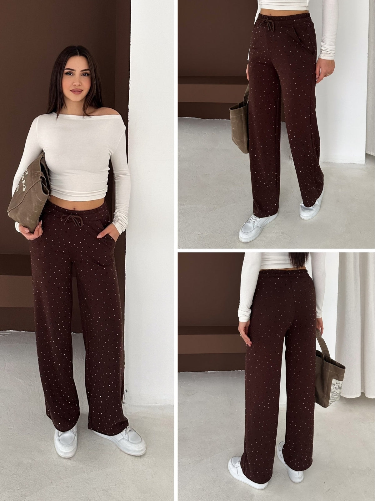 Taşlı Beli Lastikli Palazzo Pantolon Modal Premium Kumaş