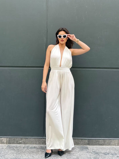 Beyaz Saten Görünümlü Halter Yaka Tulum