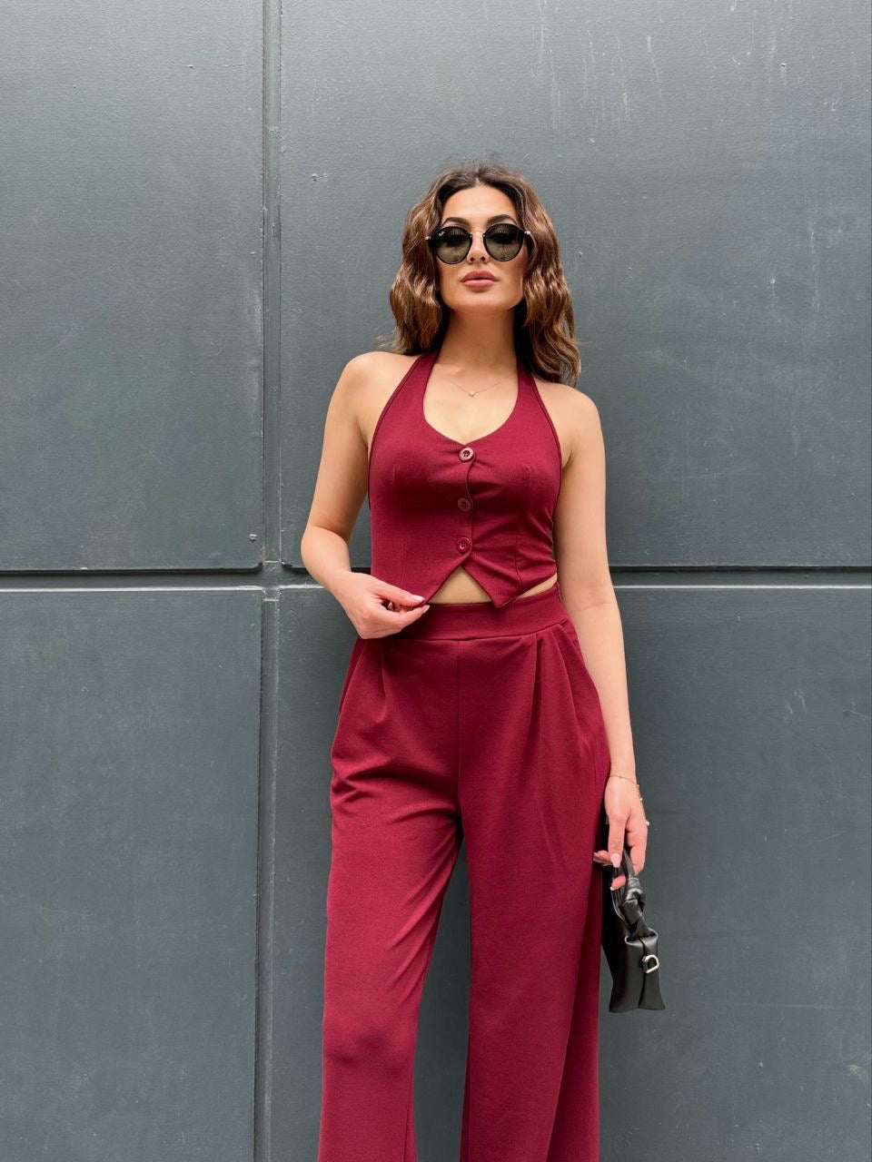 Bordo İkili Takım - Düğmeli Crop ve Yüksek Bel Palazzo Pantolon