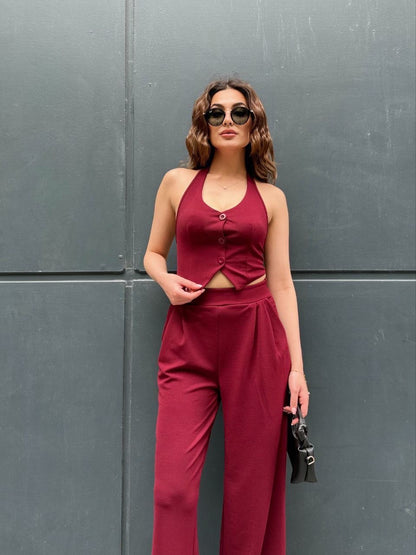 Bordo İkili Takım - Düğmeli Crop ve Yüksek Bel Palazzo Pantolon