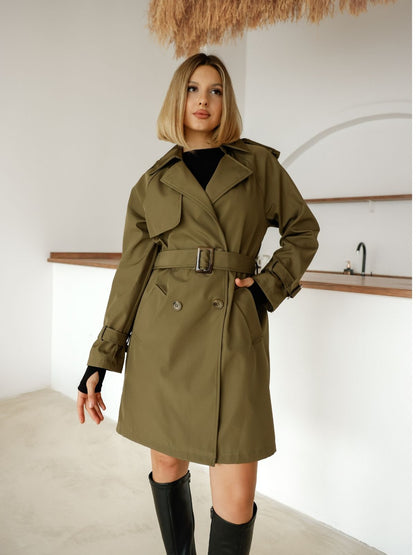 Çift Düğmeli Orta Boy Şık Trençkot İçi Astarlı Yüksek Kalite