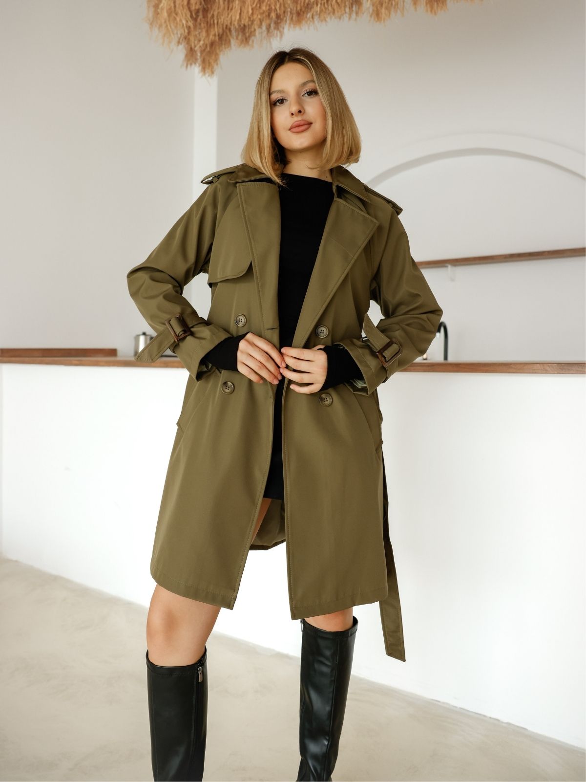 Çift Düğmeli Orta Boy Şık Trençkot İçi Astarlı Yüksek Kalite