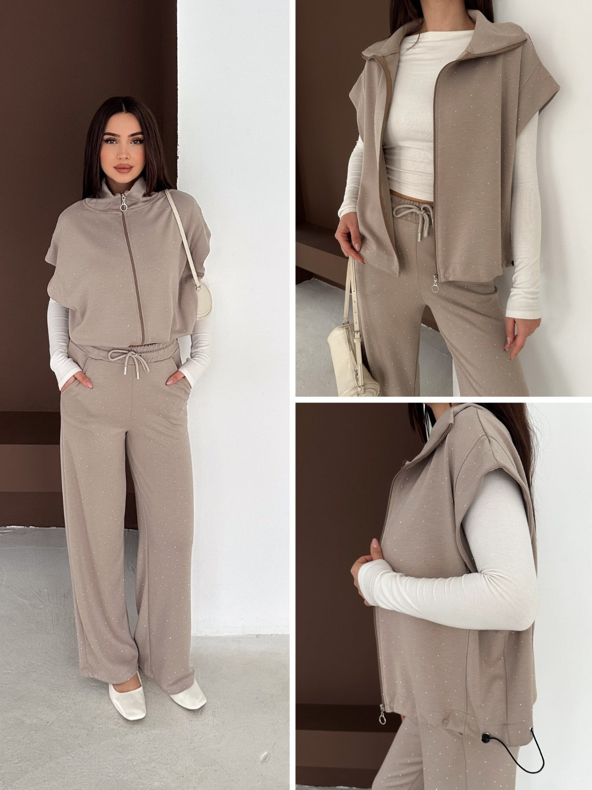Taşlı Fermuarlı Alt Üst Takım Modal Premium Kumaş