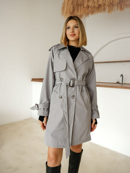 Çift Düğmeli Orta Boy Şık Trençkot İçi Astarlı Yüksek Kalite