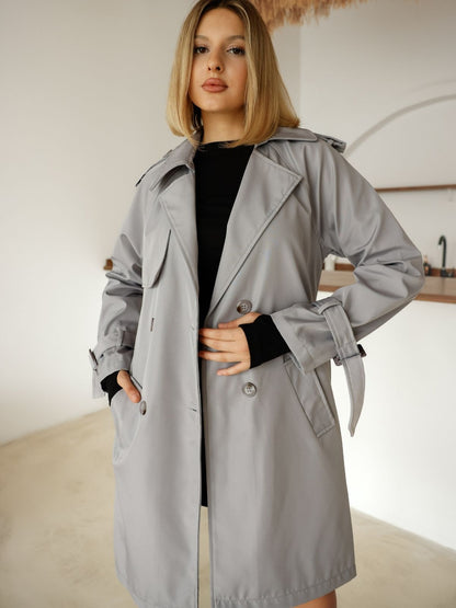 Çift Düğmeli Orta Boy Şık Trençkot İçi Astarlı Yüksek Kalite