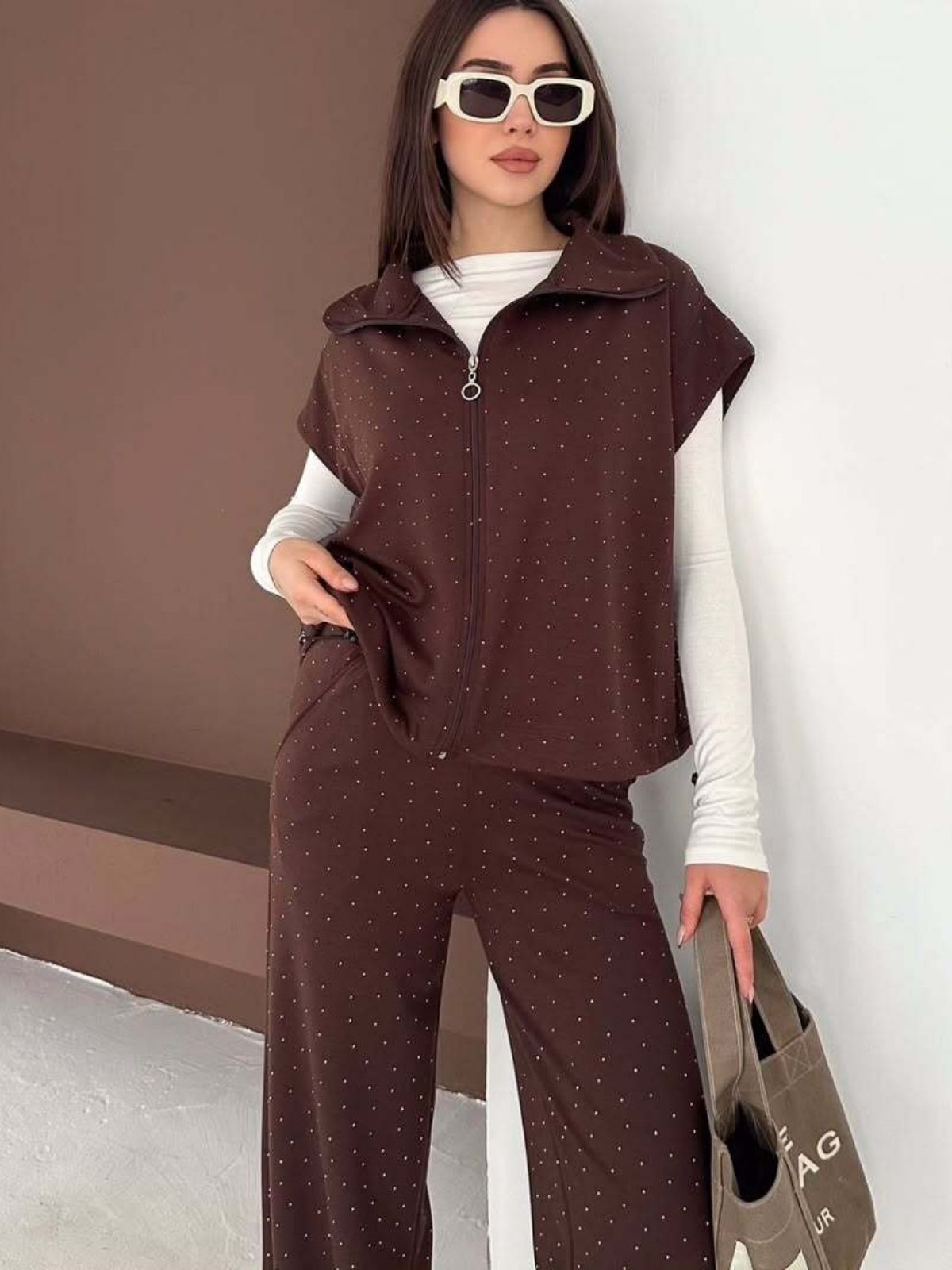 Taşlı Fermuarlı Alt Üst Takım Modal Premium Kumaş