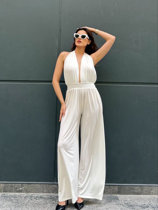Beyaz Saten Görünümlü Halter Yaka Tulum