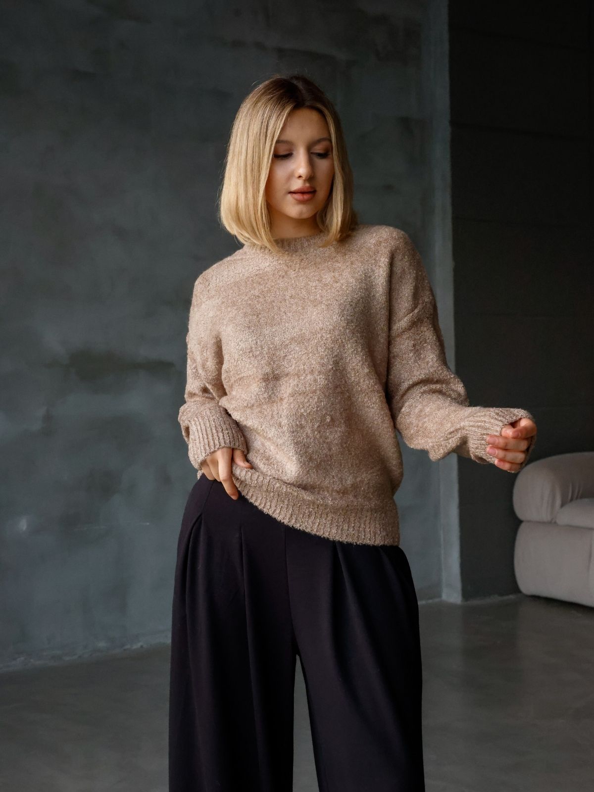 Bisiklet Yaka Oversize Örgü Detaylı Triko Kazak