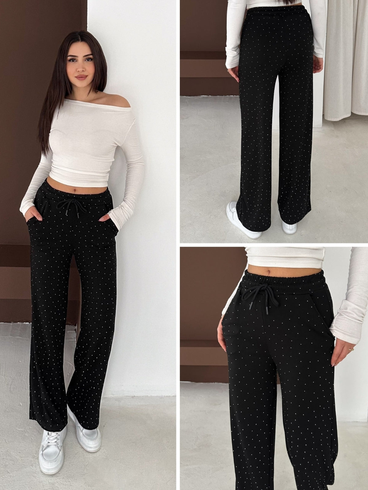 Taşlı Beli Lastikli Palazzo Pantolon Modal Premium Kumaş