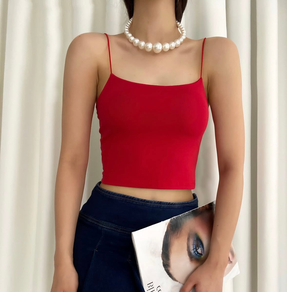 Kadın İnce Askılı Crop Bluz Likra Kumaş