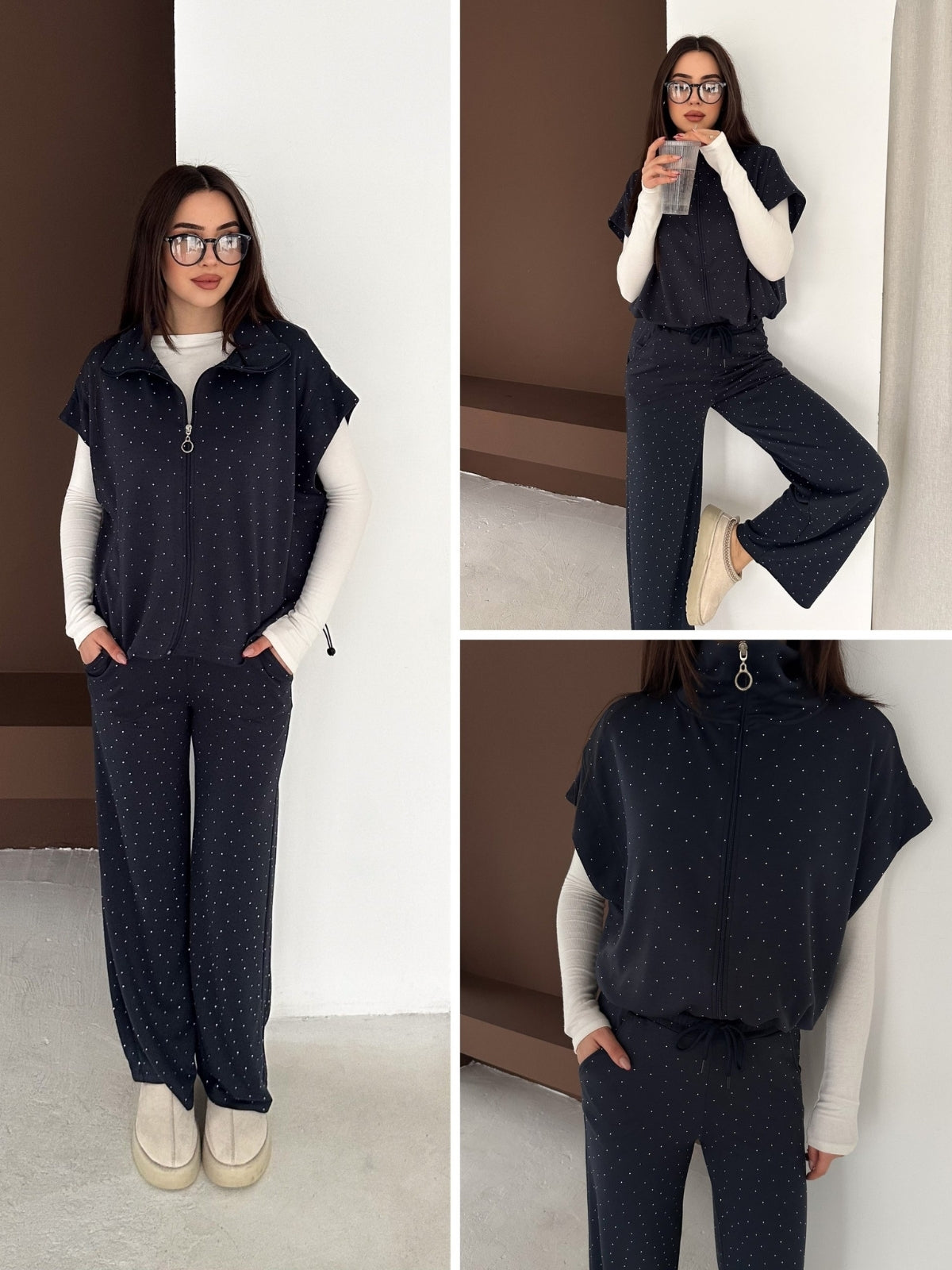 Taşlı Fermuarlı Alt Üst Takım Modal Premium Kumaş