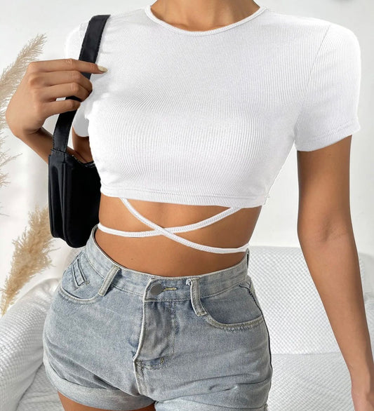 Çarpaz Bağlamalı Crop Esnek Kumaş Fitilli