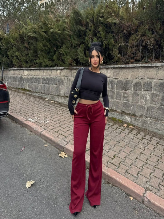 Bağıcıklı Kaşkorse Kumaş Geniş Paça Palazzo Pantolon