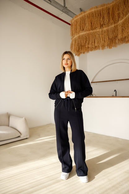 Alt-Üst  Takım Geniş Paça Eşofman Altı ve Fermuarlı Hırka 3-İplik