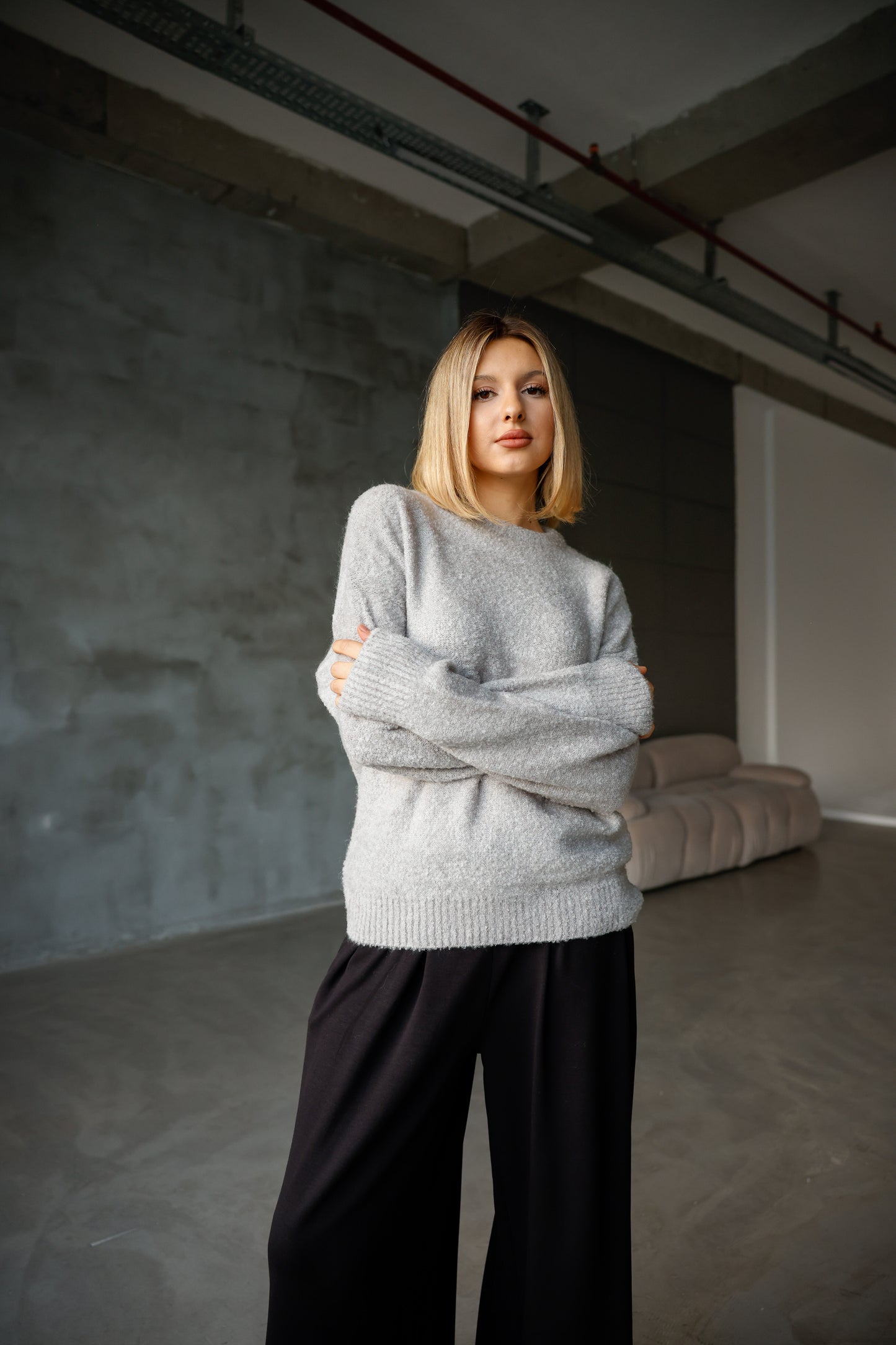 Bisiklet Yaka Oversize Örgü Detaylı Triko Kazak