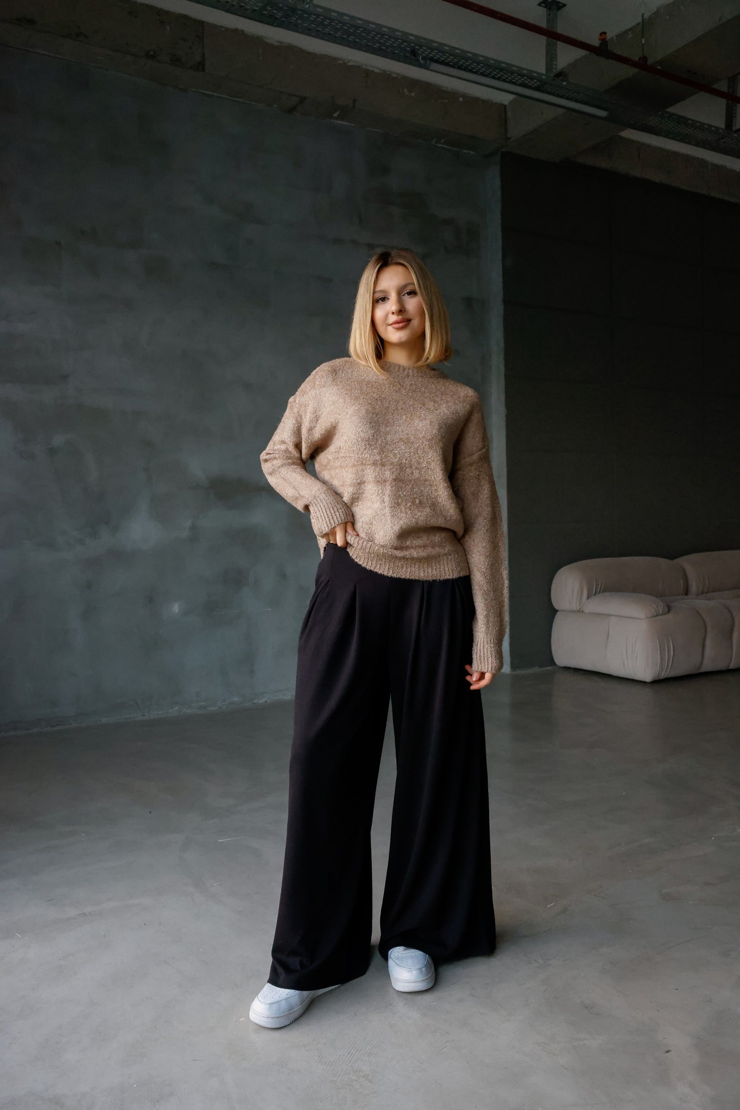 Bisiklet Yaka Oversize Örgü Detaylı Triko Kazak